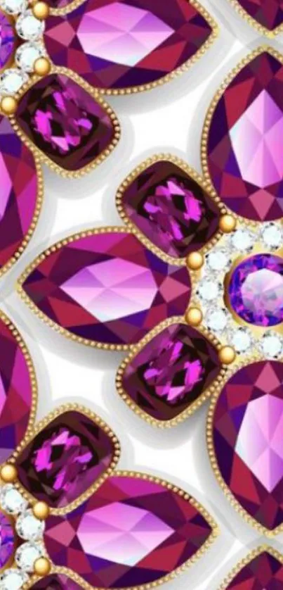 Intricate pattern of purple jewels and gold accents as mobile wallpaper.