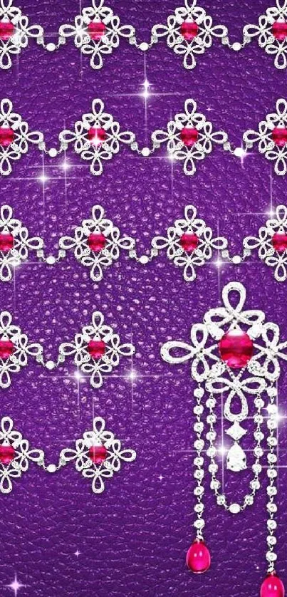 Intricate silver and ruby jewel pattern on purple background.