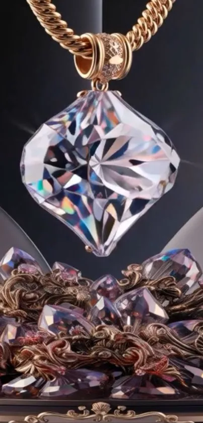 Elegant jewel pendant with intricate design on wallpaper.