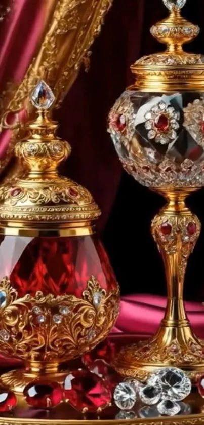 Ornate jewel-studded goblets on crimson backdrop.