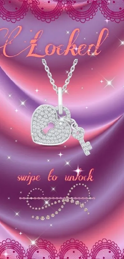 Heart and key pendant on pink background.