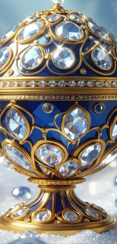 Exquisite gold and crystal jeweled egg design on blue background.