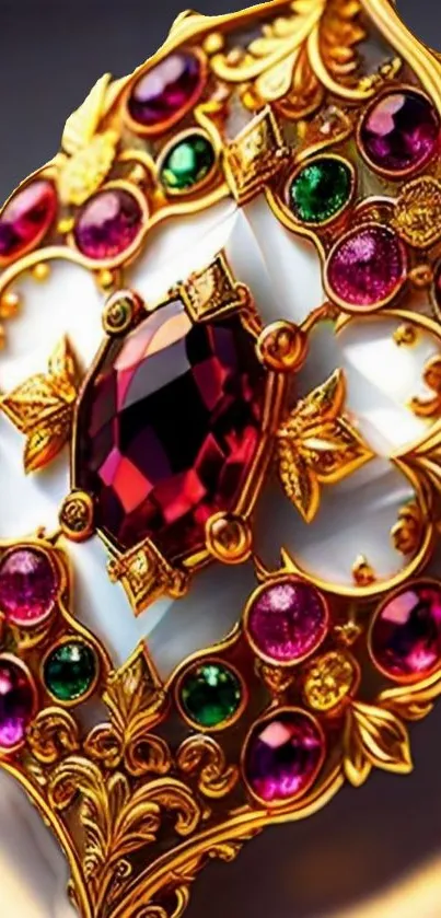 Luxurious gold ornament with vibrant jewels, perfect for mobile wallpaper.