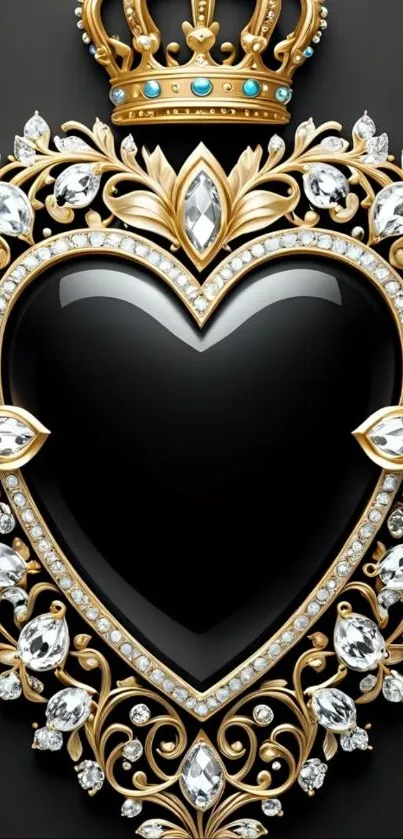 Elegant black heart with gold and jewels on a phone wallpaper.