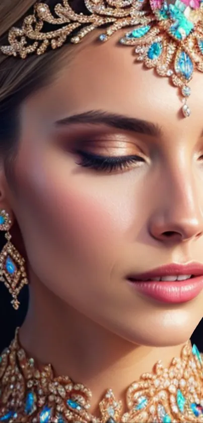 A woman adorned with intricate gold jewelry, showcasing elegance and beauty.
