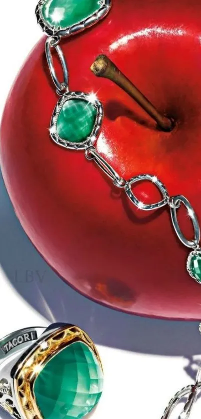 Mobile wallpaper of jewelry draped over a red apple with green gemstones.