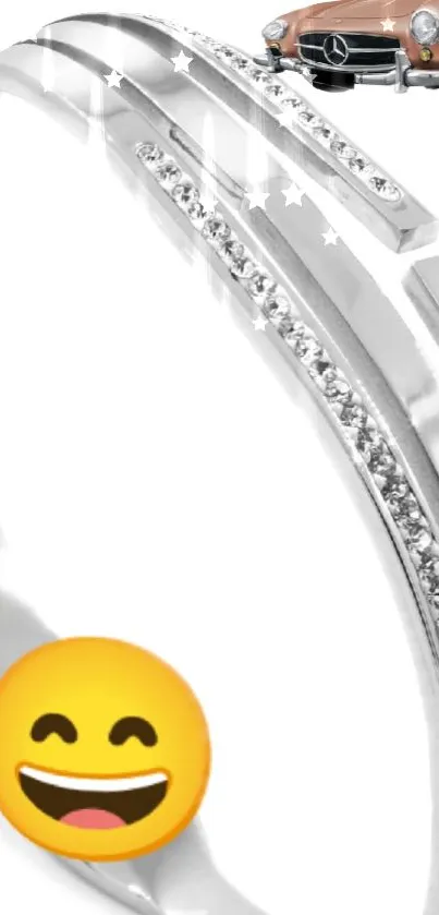 Silver jewelry with diamonds and a vintage car on white background.