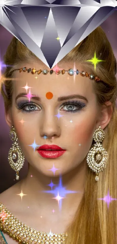 Elegant woman adorned with jewelry and diamond headpiece.