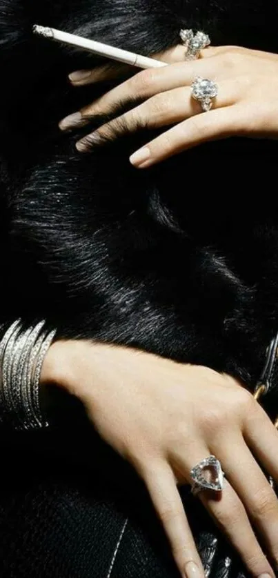 Luxurious jewelry with dark fur texture for elegant mobile wallpaper.