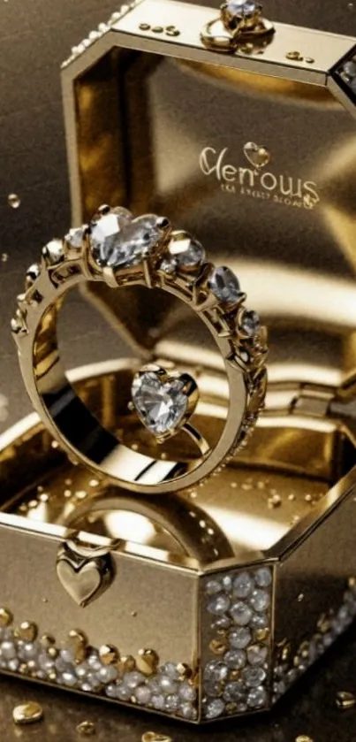 Luxurious gold jewelry box with sparkling diamond ring.