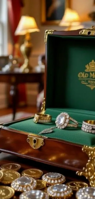 Open luxurious jewelry box with rings and coins.