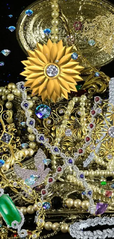 Elegant display of gold and gemstone jewelry in a luxurious wallpaper.