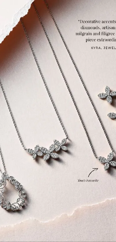Elegant jewelry display with diamonds set on soft pink background.