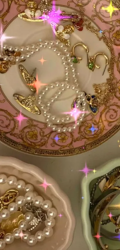 Elegant jewelry displayed on vintage floral plates.