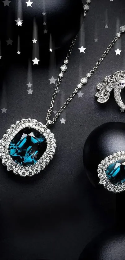 Elegant black wallpaper featuring sapphire and diamond jewelry.