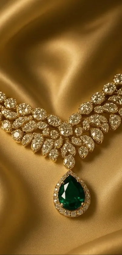 Emerald and diamond necklace on gold silk.
