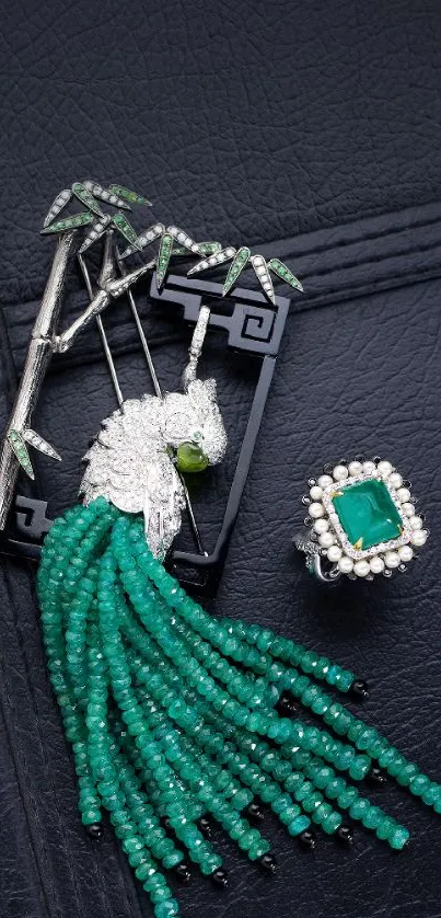 Elegant phone wallpaper featuring emerald jewelry and intricate details.