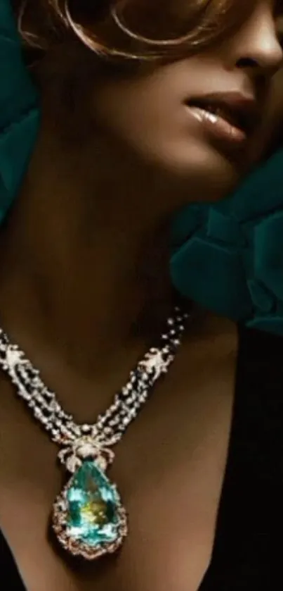 Elegant woman with a diamond necklace on a teal backdrop.