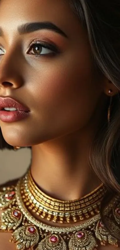 Elegant portrait with gold jewelry on mobile wallpaper.