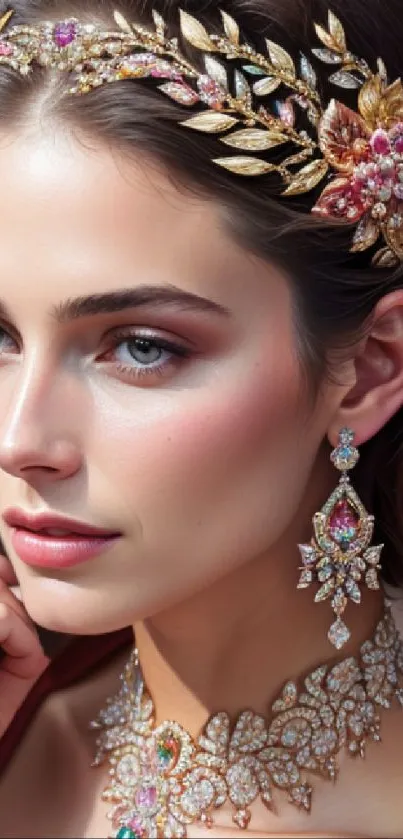 Elegant woman with intricate jewelry against a soft background.