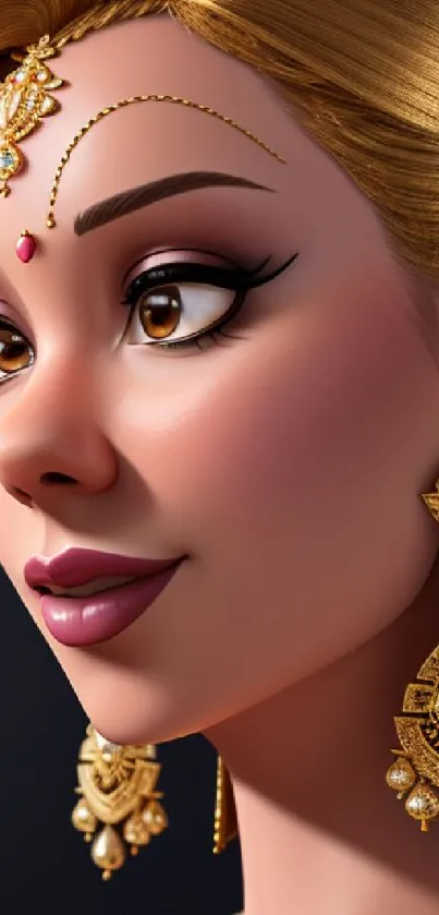 Elegant portrait with gold jewelry on dark background.
