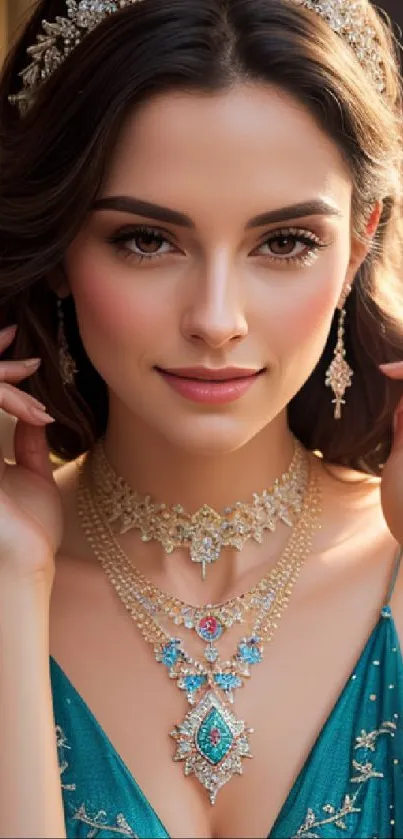 Elegant woman with detailed jewelry in teal attire.