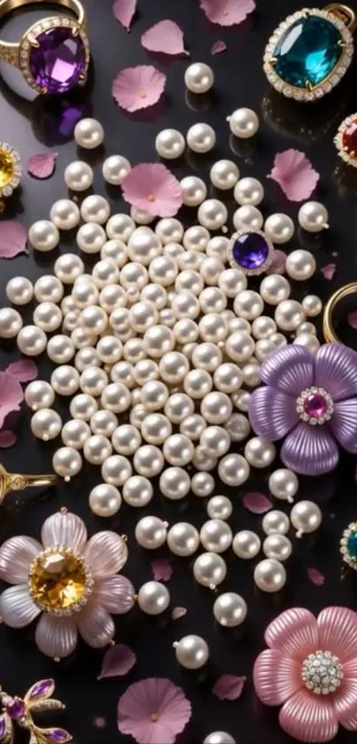 Jewels, pearls, and floral rings on black background