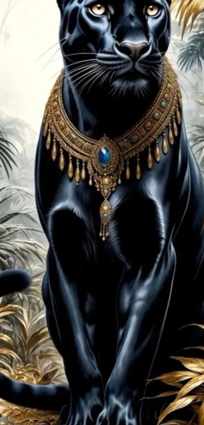 Elegant jungle panther with intricate jewelry, in a natural setting.