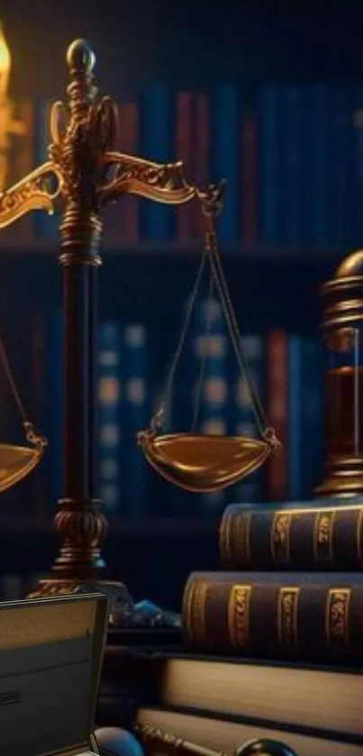 Justice scale and books in elegant library setting