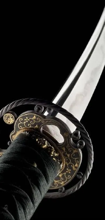 Detailed katana sword on a black background mobile wallpaper.