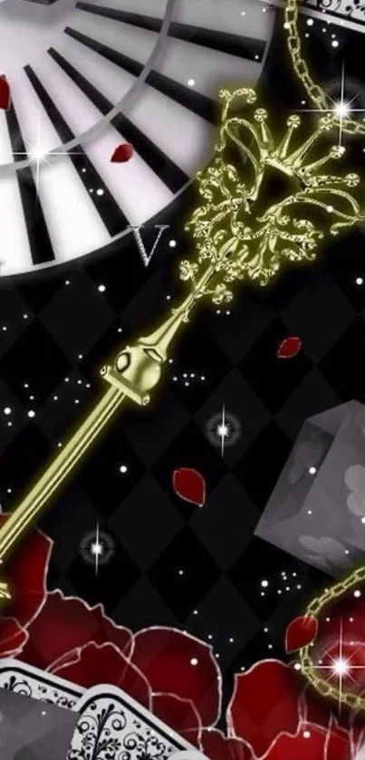 Gold key with black and red design featuring clock and roses.