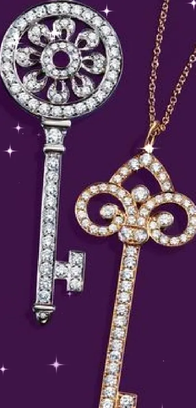 Two ornate key necklaces on royal purple.