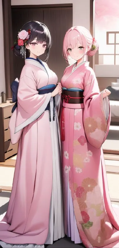 Anime characters in pink kimonos in a serene, traditional Japanese room.