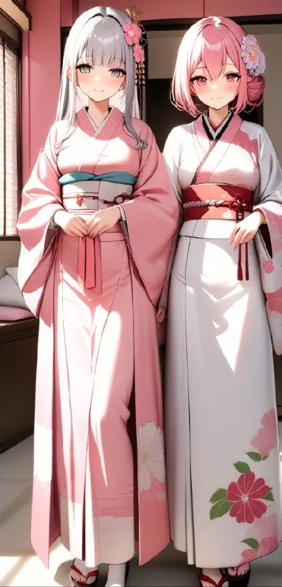 Two anime characters in pink kimonos in a serene room setting.