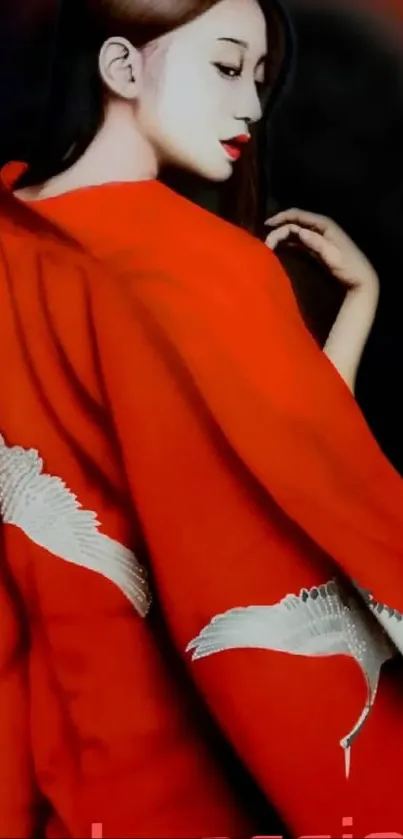 Woman in red kimono with elegant Japanese art design