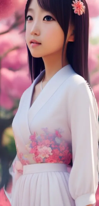 Girl in floral kimono with pink blossoms in serene setting.