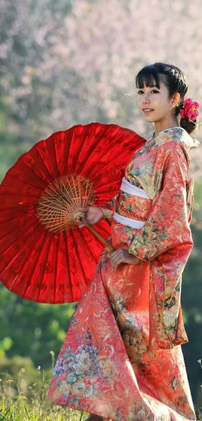 Woman in red kimono with parasol in cherry blossom setting.