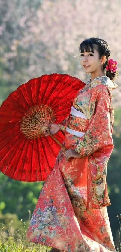 Woman in kimono with red umbrella and cherry blossoms.