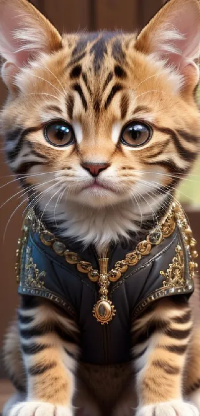 Cute tabby kitten in a regal outfit with golden decor in a cozy room.