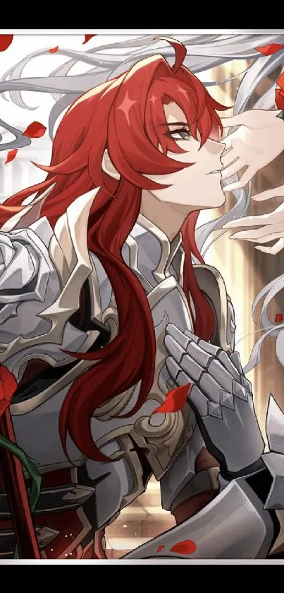 Anime knight with red hair and roses, in detailed armor.