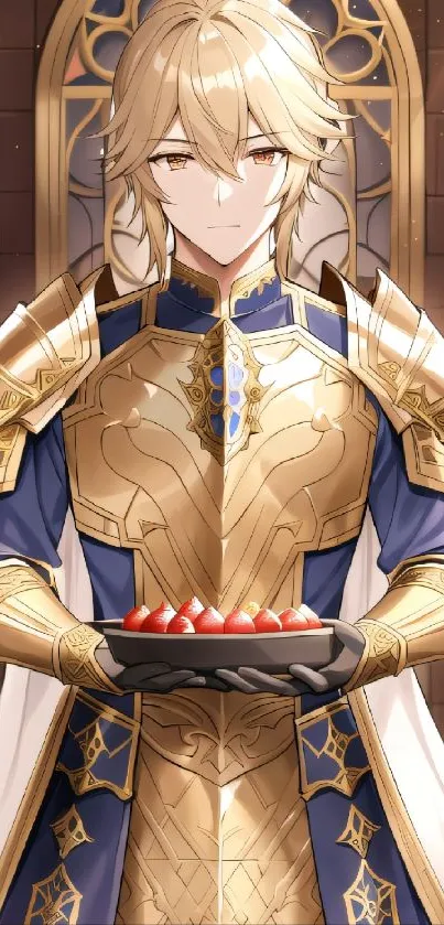 Elegant knight in gold and blue armor holding a dish.