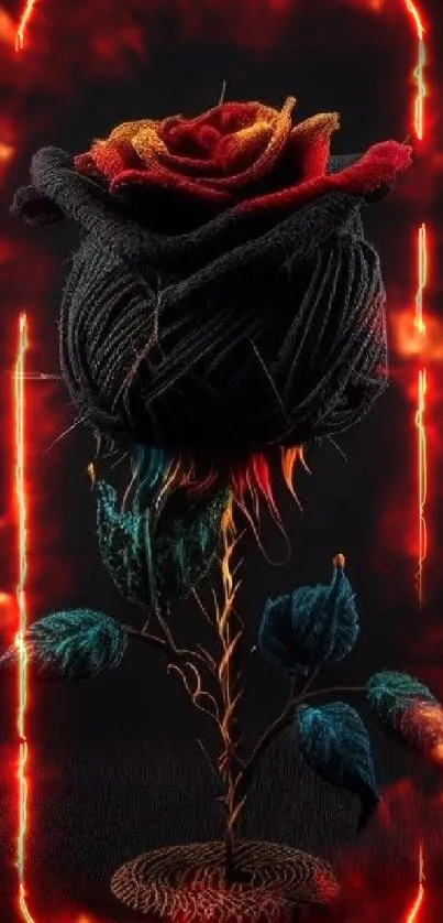 Knitted rose with vibrant colors on a dark background.