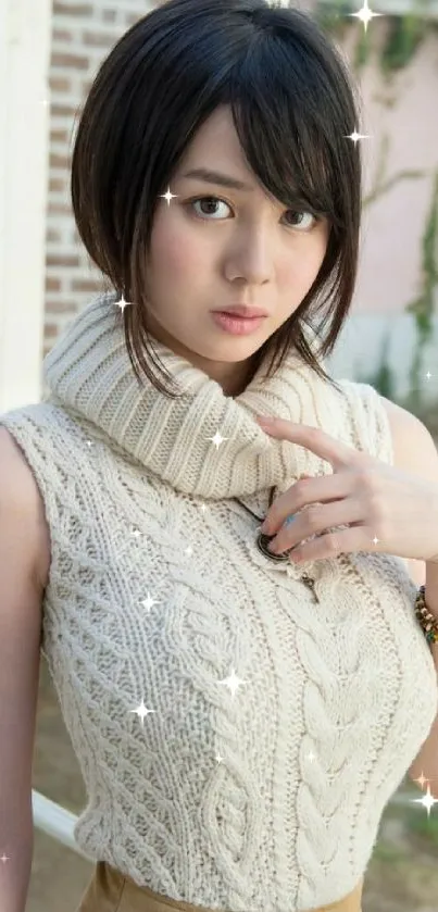 Woman in elegant knitted top posing outdoors.