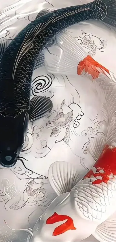 Black and white koi fish with artistic background.