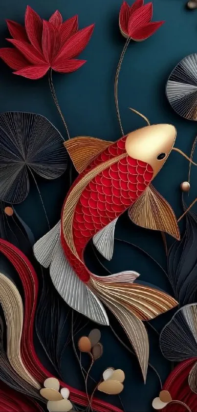 Intricate koi fish and floral art wallpaper in dark blue tones.