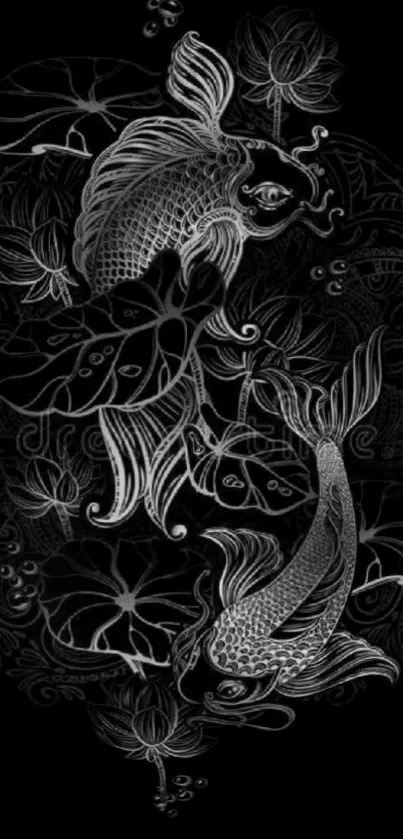 Elegant black and white koi fish art wallpaper.