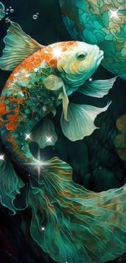 Artistic koi fish swimming in a teal underwater scene.