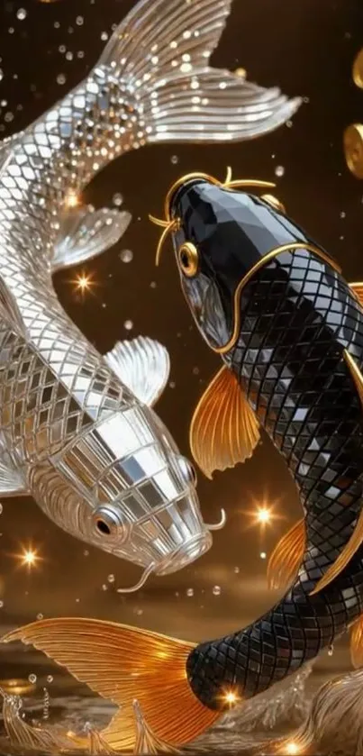 Intricate gold and silver koi fish with coins mobile wallpaper.