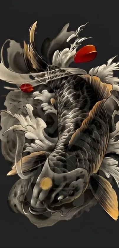 Intricate koi fish artwork on dark background.