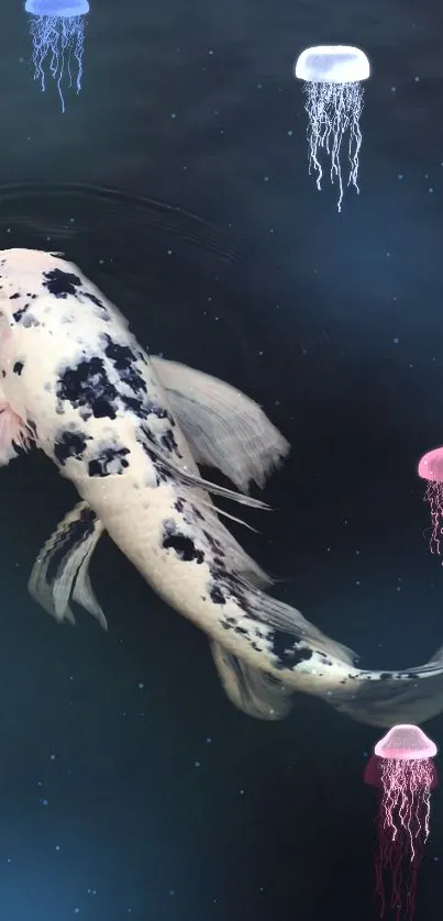 A white and black koi fish swimming in dark water, creating a serene look.